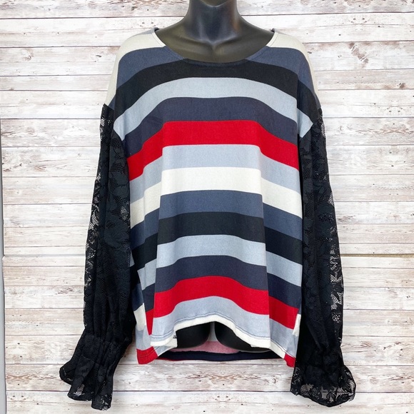 Umgee Sweaters - UMGEE Striped Sweater Billowy Boho Lace Sleeves